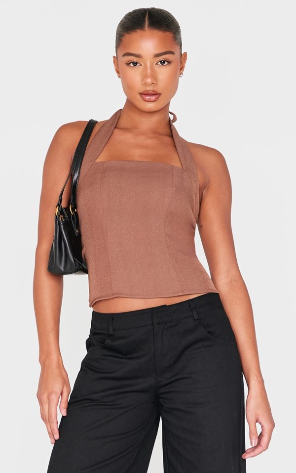 Mocha Woven Halterneck Long Top