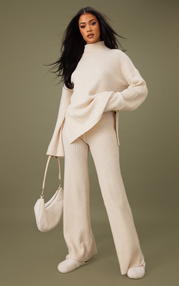 Tall Oatmeal Luxe Rib Knit Wide Leg Pants