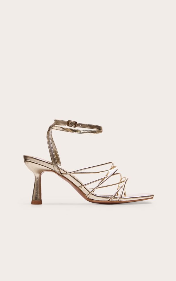 Gold PU Metallic Square Toe Cross Over Strappy Mid Heeled Sandals