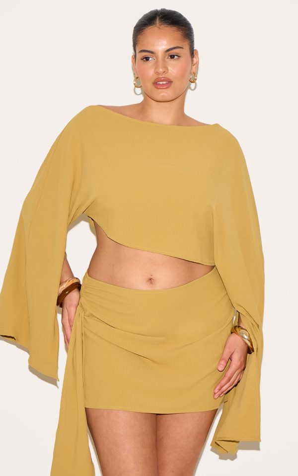 Plus Deep Mustard Floaty Woven Slash Neck Long Sleeve Top