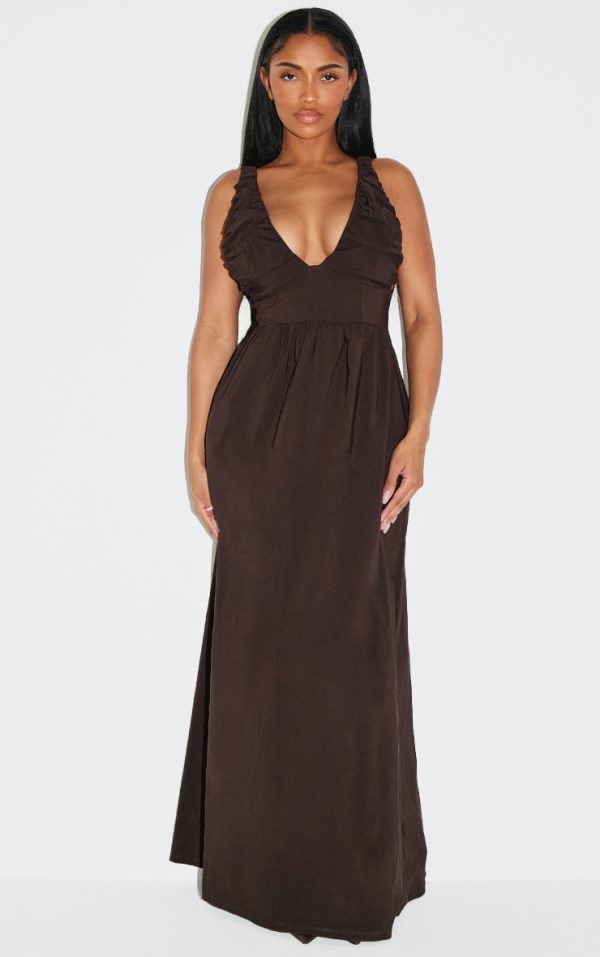 Shape Chocolate Stretch Woven Ruched Plunge Front Maxi Dress