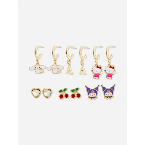 6-Pack Hello Kitty Character Initial Earrings - Gold