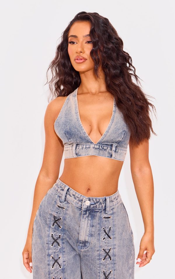 Petite Washed Blue Denim V-neck Bralet