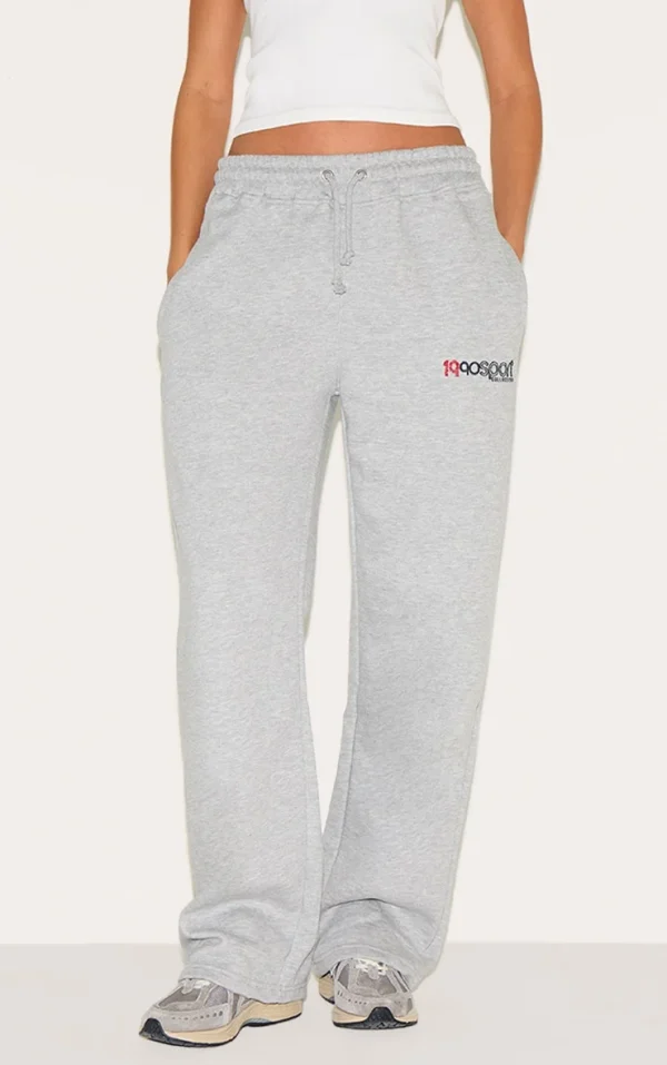 Ash Grey Embroidered Wide Leg Sweatpants