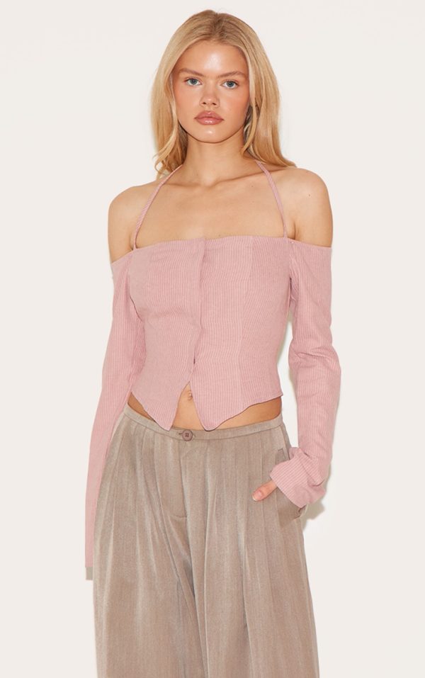 Pink Striped Bardot Peach Skin Flared Shirt