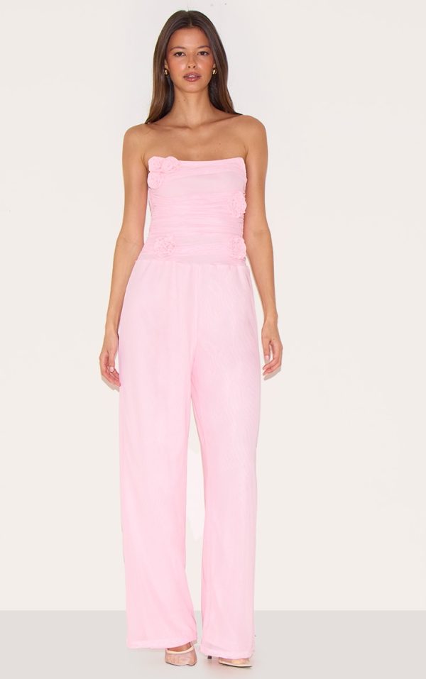 Pale Pink Mesh Overlay Bandeau Rose Applique Jumpsuit