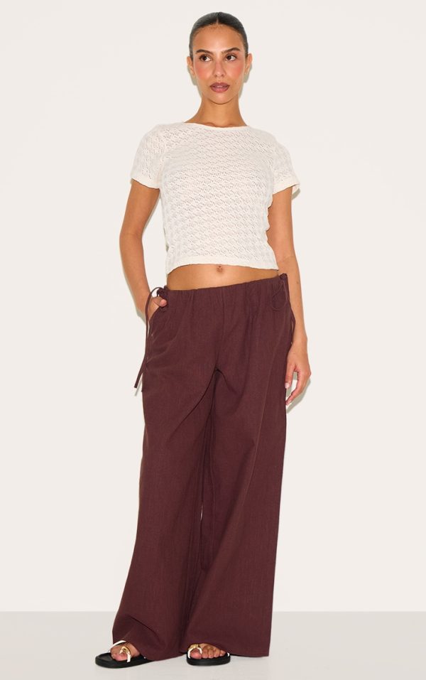 Petite Chocolate Premium Linen Look Wide Leg Side Tie Detail Pants