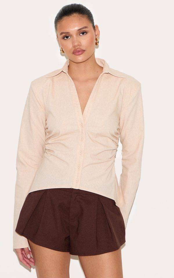Beige Linen Blend Shoulder Padded Fitted Shirt