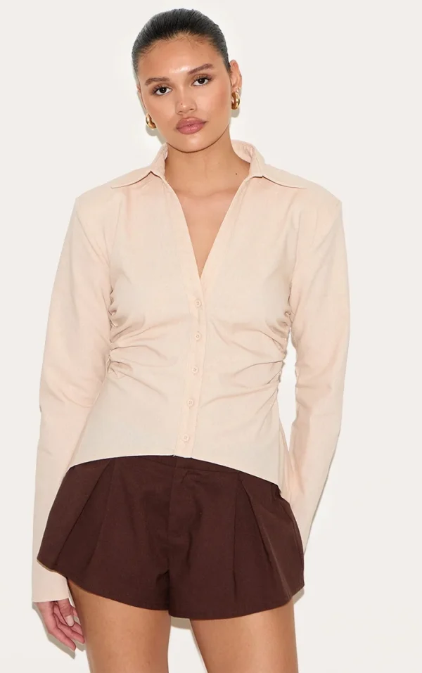 Beige Linen Blend Shoulder Padded Fitted Shirt