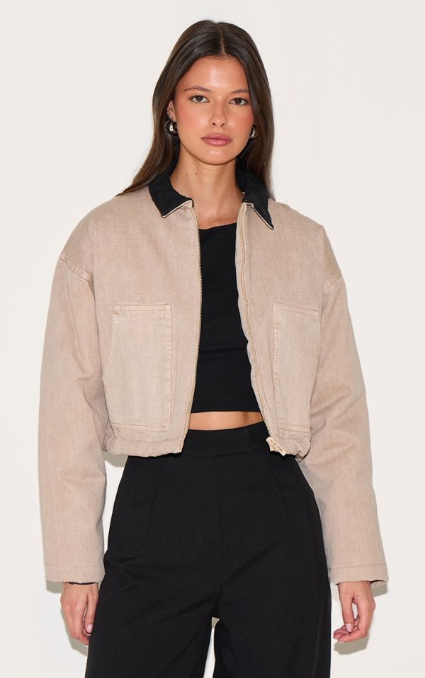 Cream Twill Contrast Collar Cropped Jacket