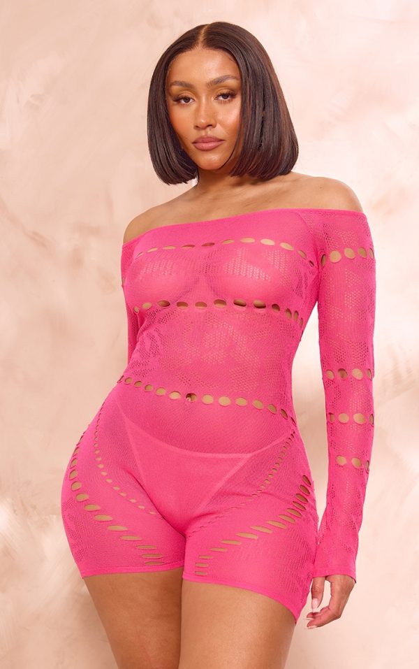 Shape Pink Knit Sheer Bardot Unitard
