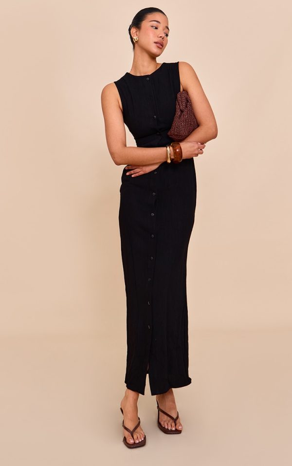 Black Textured Button Down Sleeveless Maxi Dress