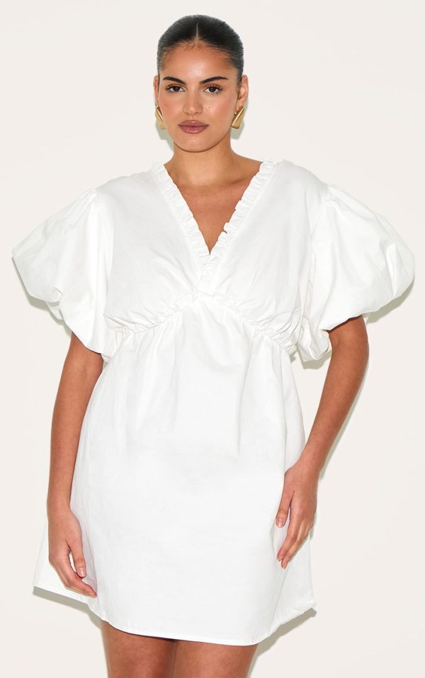Plus White Cotton Gathered A-line Dress
