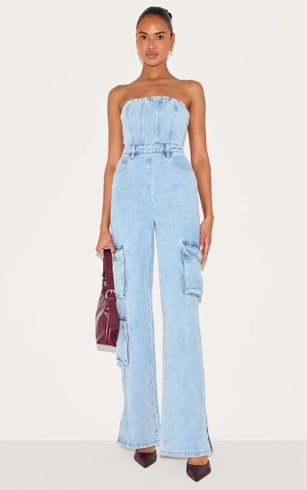 Light Blue Wash Cargo Pocket Bandeau Denim Jumpsuit