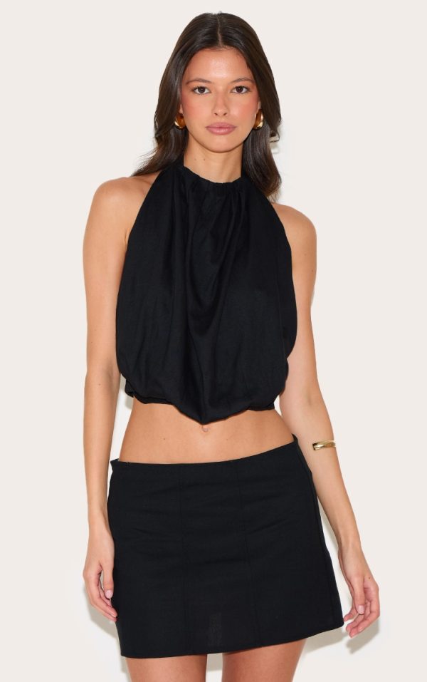 Black Linen Blend Highneck Backless Puffball Top