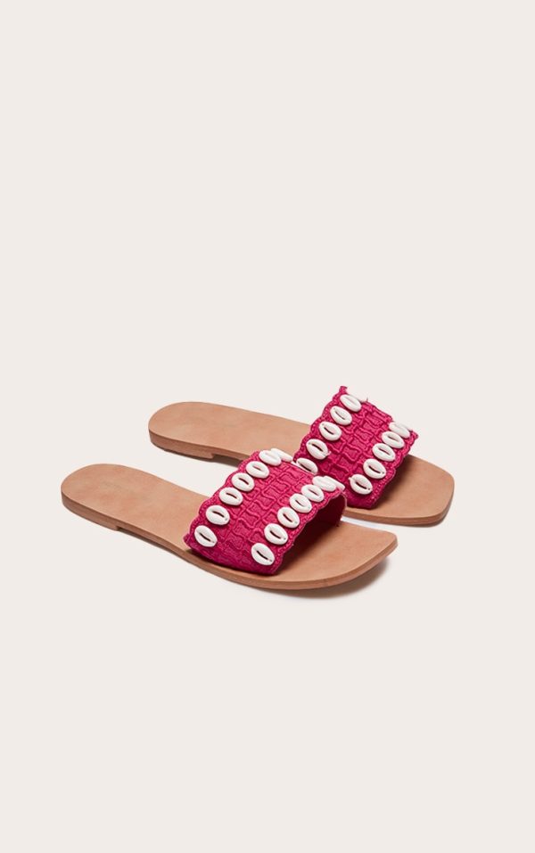 Pink Round Toe Stitch Detail Shell Strap Mule Sandals
