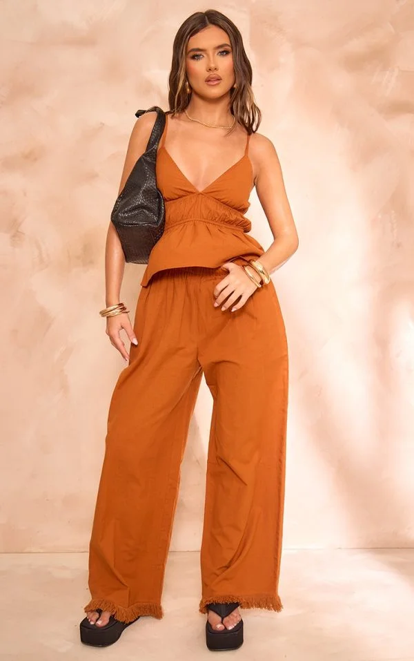 Rust Linen Look Frayed Hem Wide Leg Pants