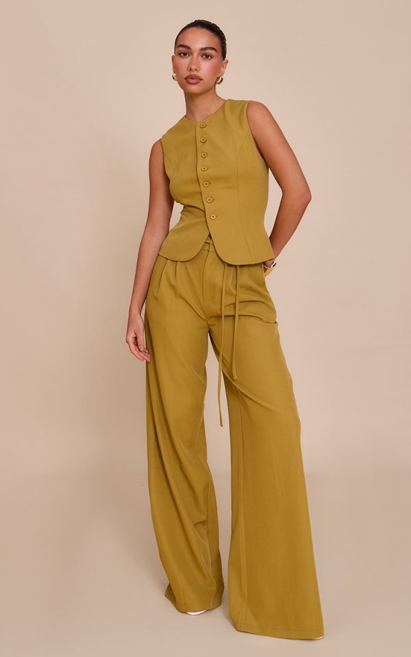Deep Mustard Tailored Tie Detail Woven Wide Leg Pants
