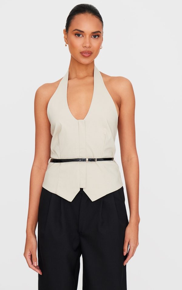 Stone Bengaline Belted Halterneck Long Top