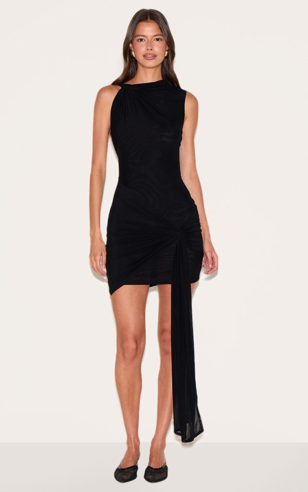 Black Double Layer Mesh Twist Detail Mini Dress