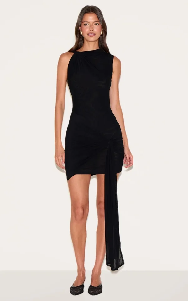 Black Double Layer Mesh Twist Detail Mini Dress