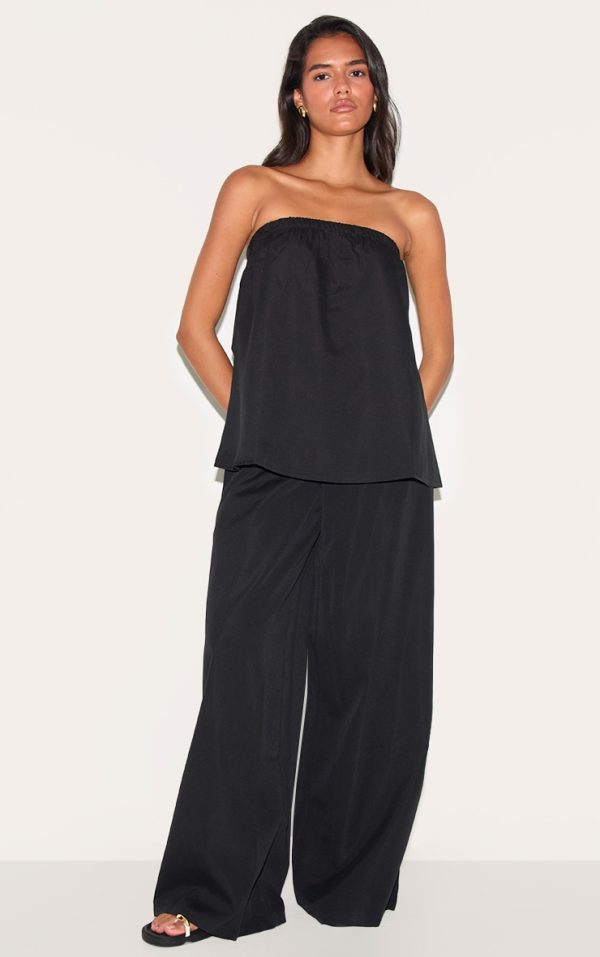 Black Woven Mid Rise Wide Leg Pants