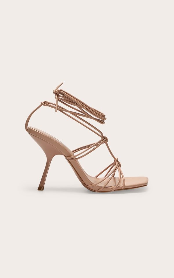 Nude Wide Fit Pu Square Toe Knotted Strappy Lace Up Heeled Sandals