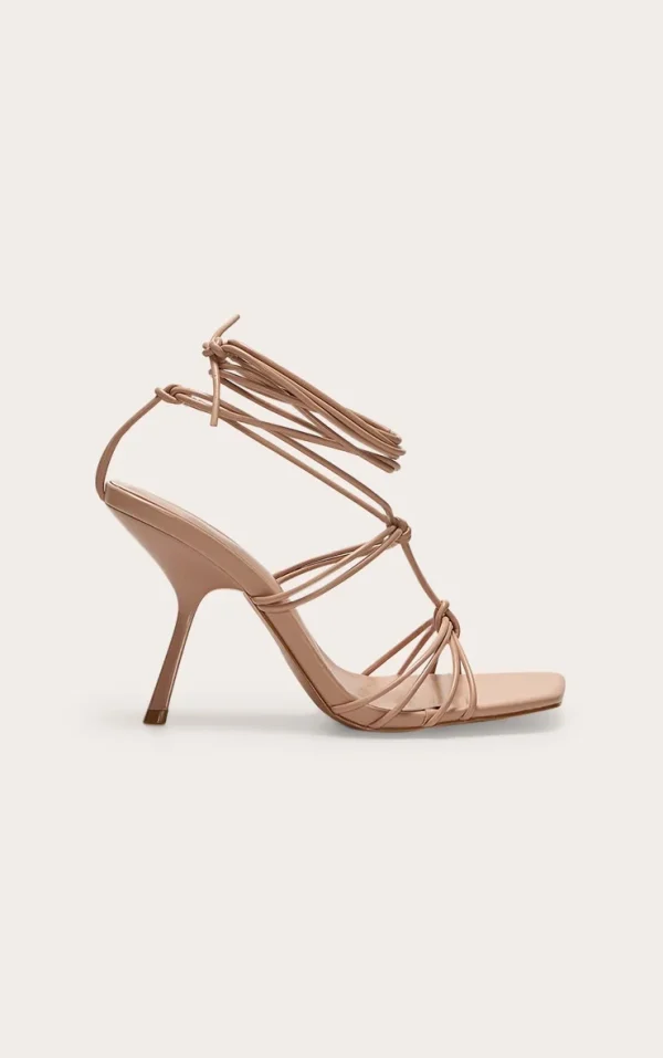 Nude Wide Fit Pu Square Toe Knotted Strappy Lace Up Heeled Sandals