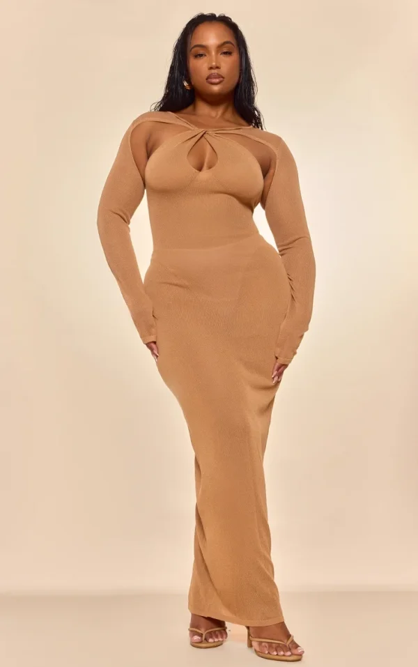 PLT Label Plus Tan Knitted Twist Detail Maxi Dress