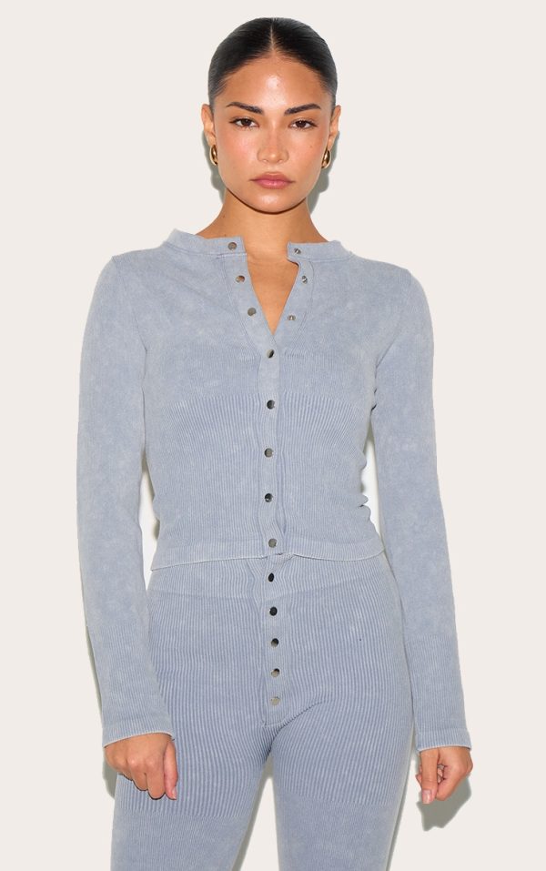 Petite Grey Marl Faded Snatched Rib Long Sleeve Button Up Top