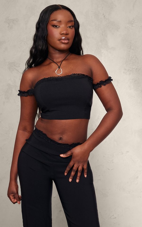 Black Stretch Woven Lace Detail Off The Shoulder Crop Top