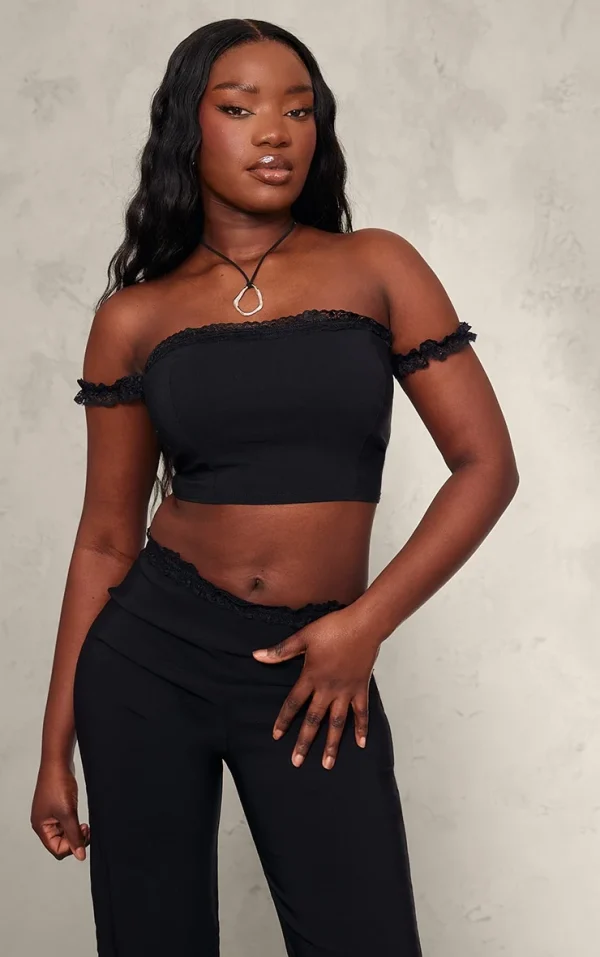 Black Stretch Woven Lace Detail Off The Shoulder Crop Top