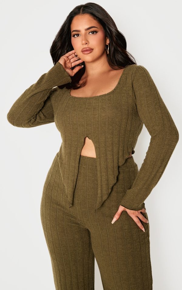 Plus Khaki Soft Touch Ribbed Long Sleeve Top