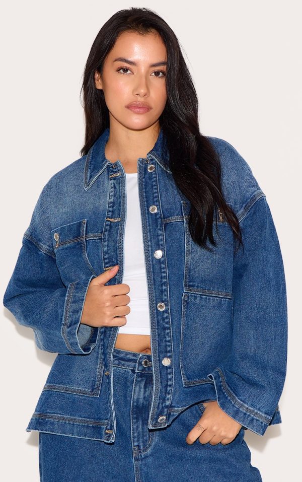 Plus Washed Blue Oversized Denim Pocket Detail Jacket