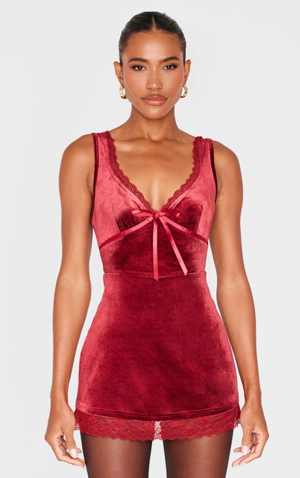 Burgundy Velvet Ribbon Trim Romper