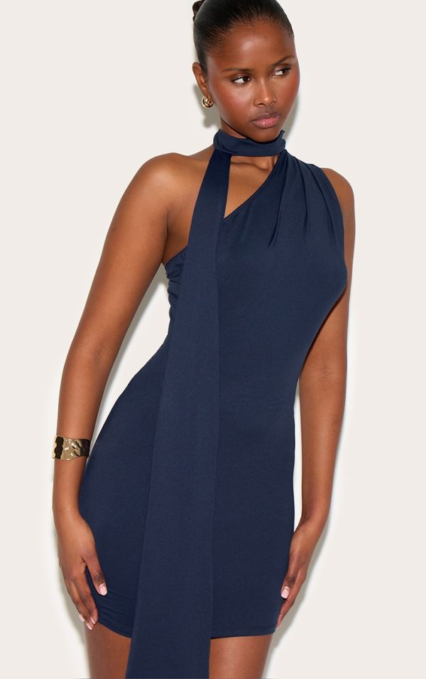 Navy Soft Touch One Shoulder Wrap Detail Mini Dress