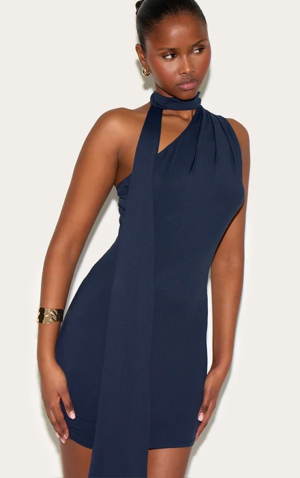 Navy Soft Touch One Shoulder Wrap Detail Mini Dress