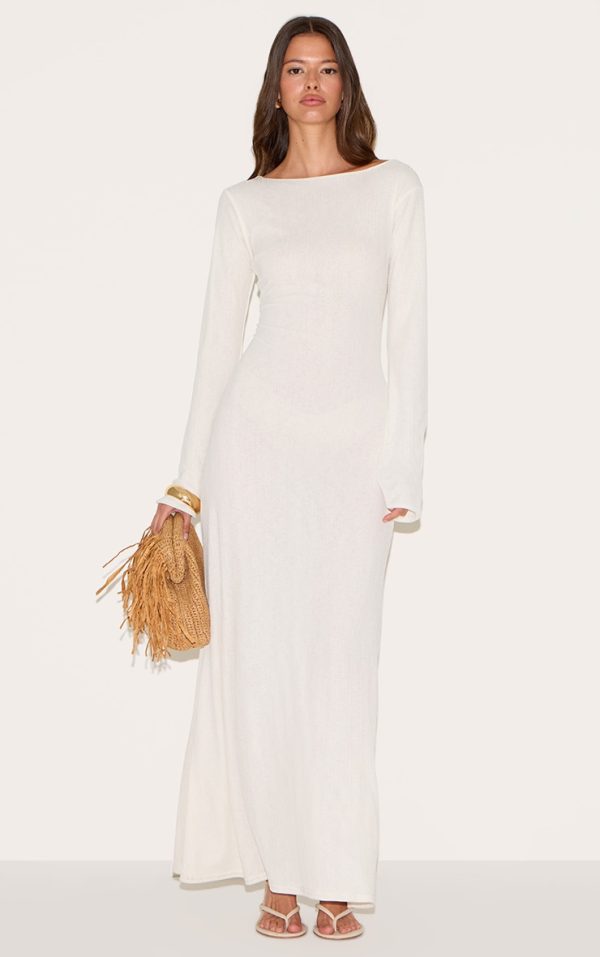 White Textured Boat Neck Long Sleeve Bodycon Maxi Dress
