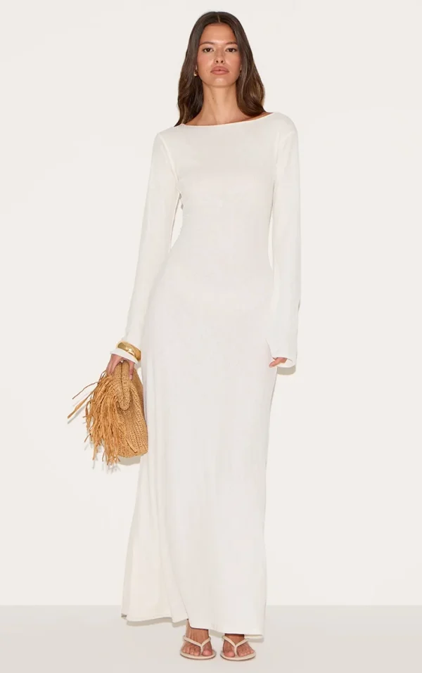 White Textured Boat Neck Long Sleeve Bodycon Maxi Dress