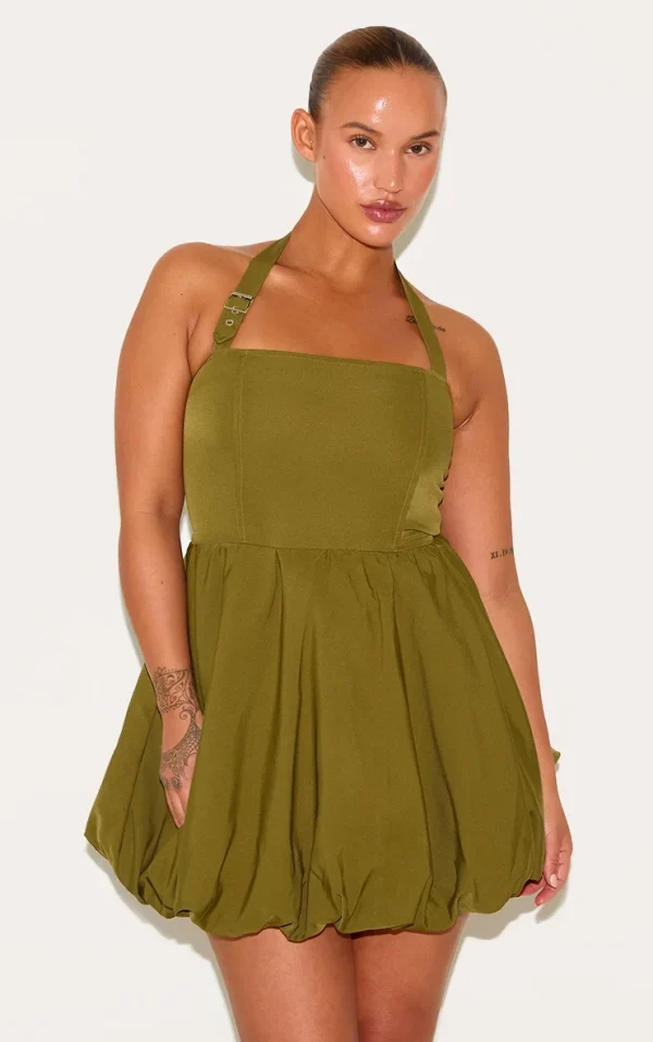 Plus Khaki Buckle Detail Halterneck Puffball Mini Dress