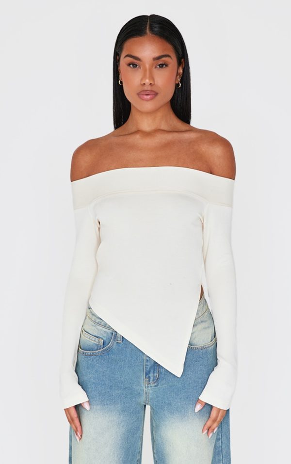 Cream Premium Soft Touch Fold Bardot Asymmetric Top