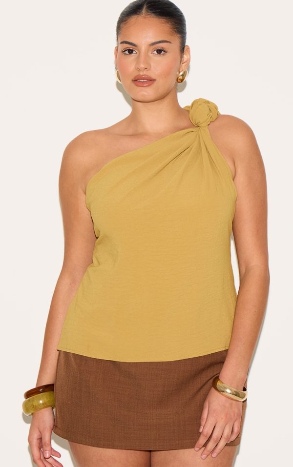 Plus Deep Mustard Floaty Woven One Shoulder Knot Detail Top