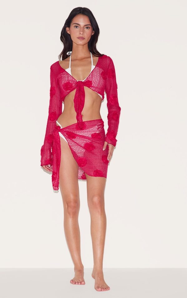 Red Textured Flower Trim Beach Sarong
