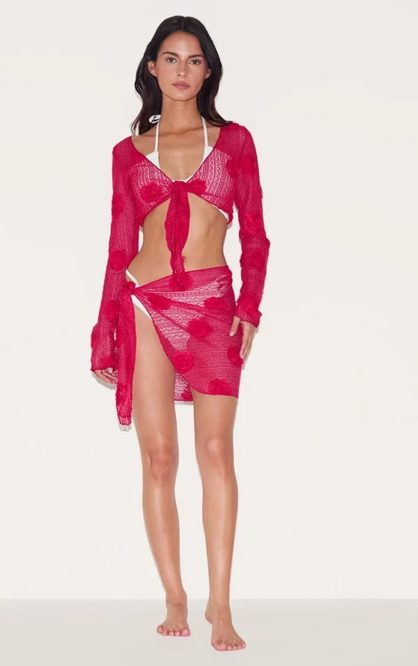 Red Textured Flower Trim Beach Sarong