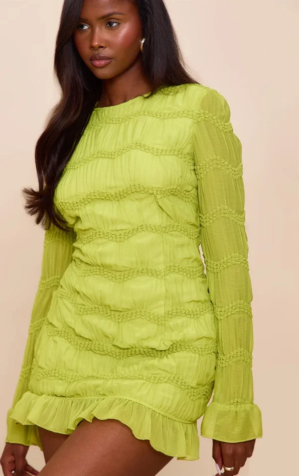 Lime Textured Long Sleeve Boat Neck Mini Dress