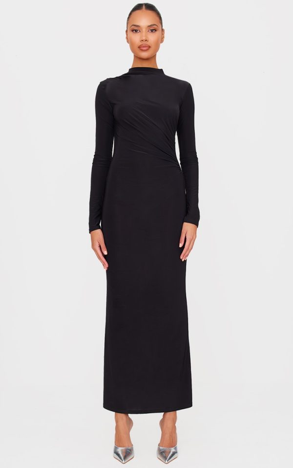 Black Slinky Long Sleeve Maxi Dress