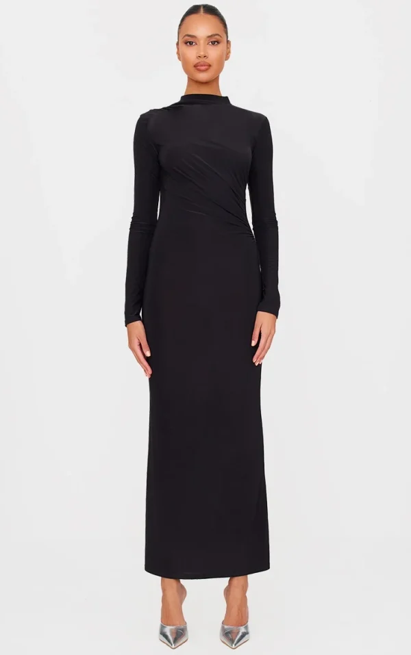 Black Slinky Long Sleeve Maxi Dress