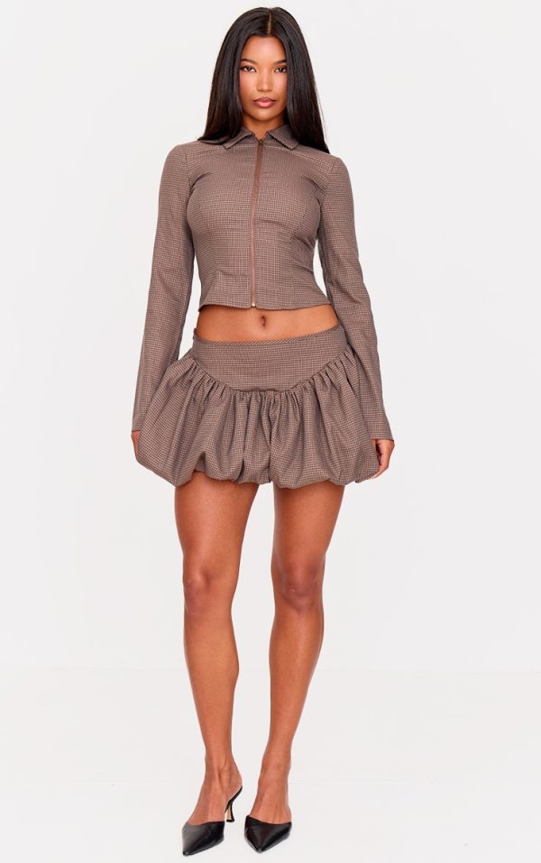 Brown Check Puff Mini Skirt