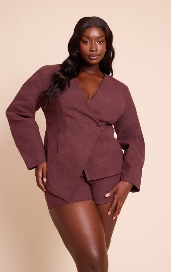 Plus Deep Chocolate Premium Linen Tailored Cocoon Sleeve Cinched Blazer