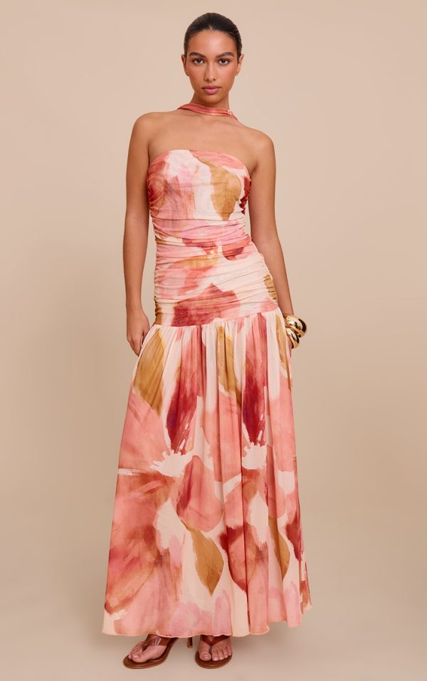 Stone Floral Print Ruched Scarf Dropped Waist Maxi Dress